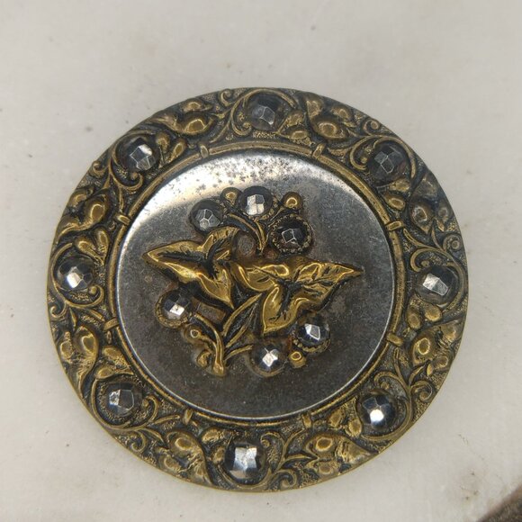 Antique Victorian Brass & Steel Button With Floral Design & Black Rhinestones - Picture 1 of 8